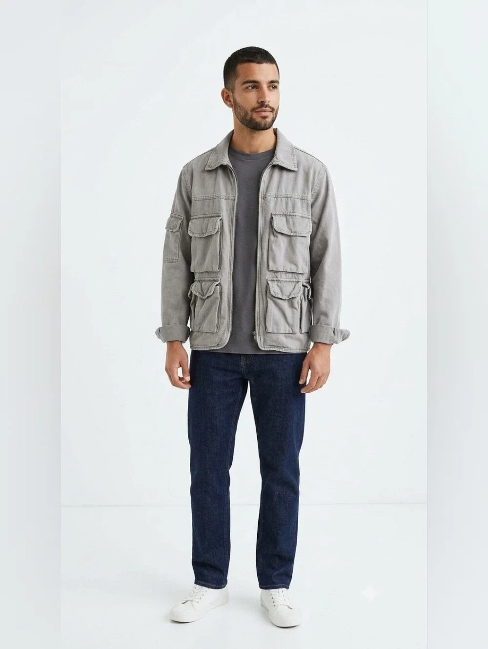 H&M Divided Gray Utility Cargo Denim Jacket Size Medium Full Zip Pockets